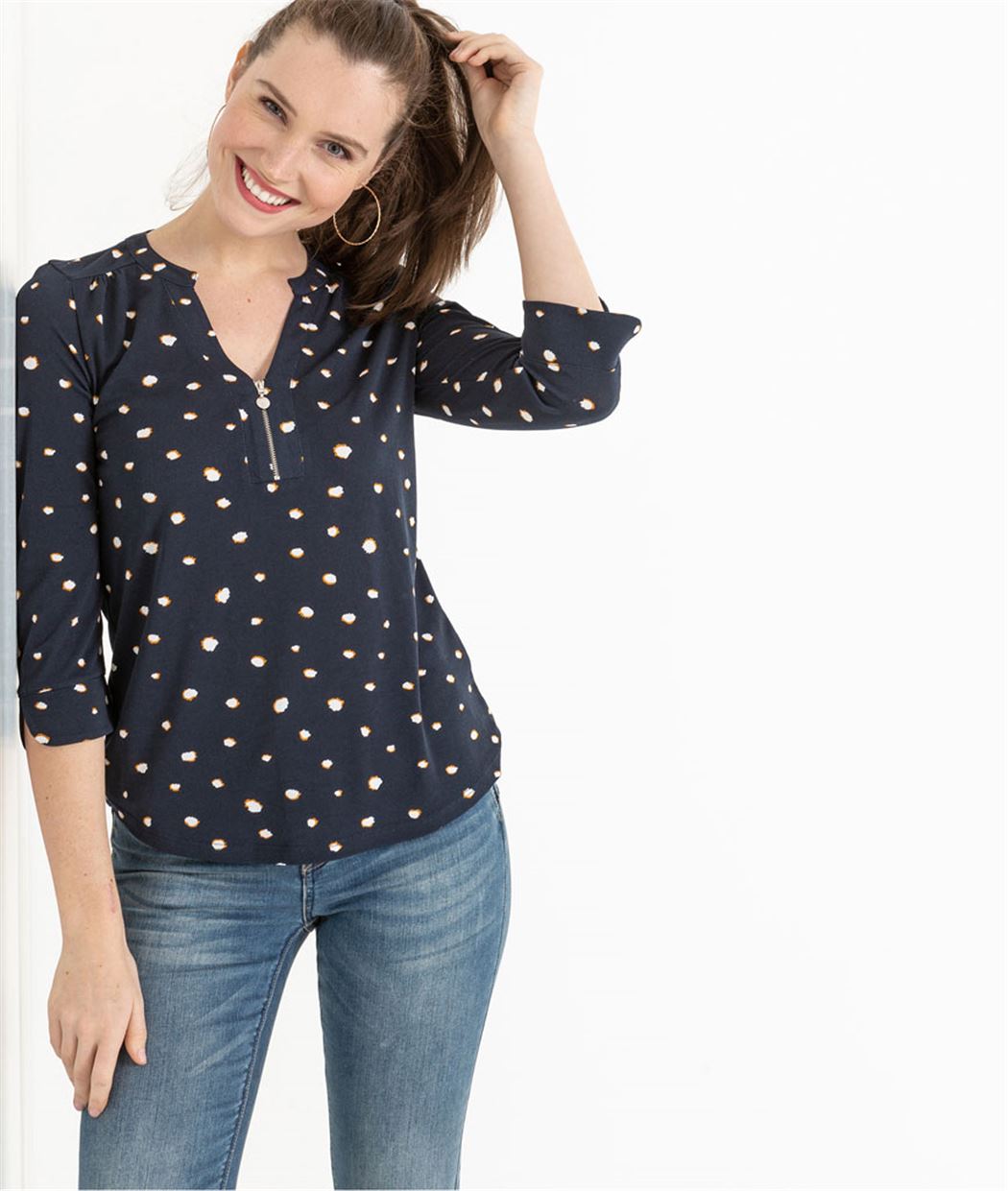 T-shirt femme manche 3/4 avec zip MARINE