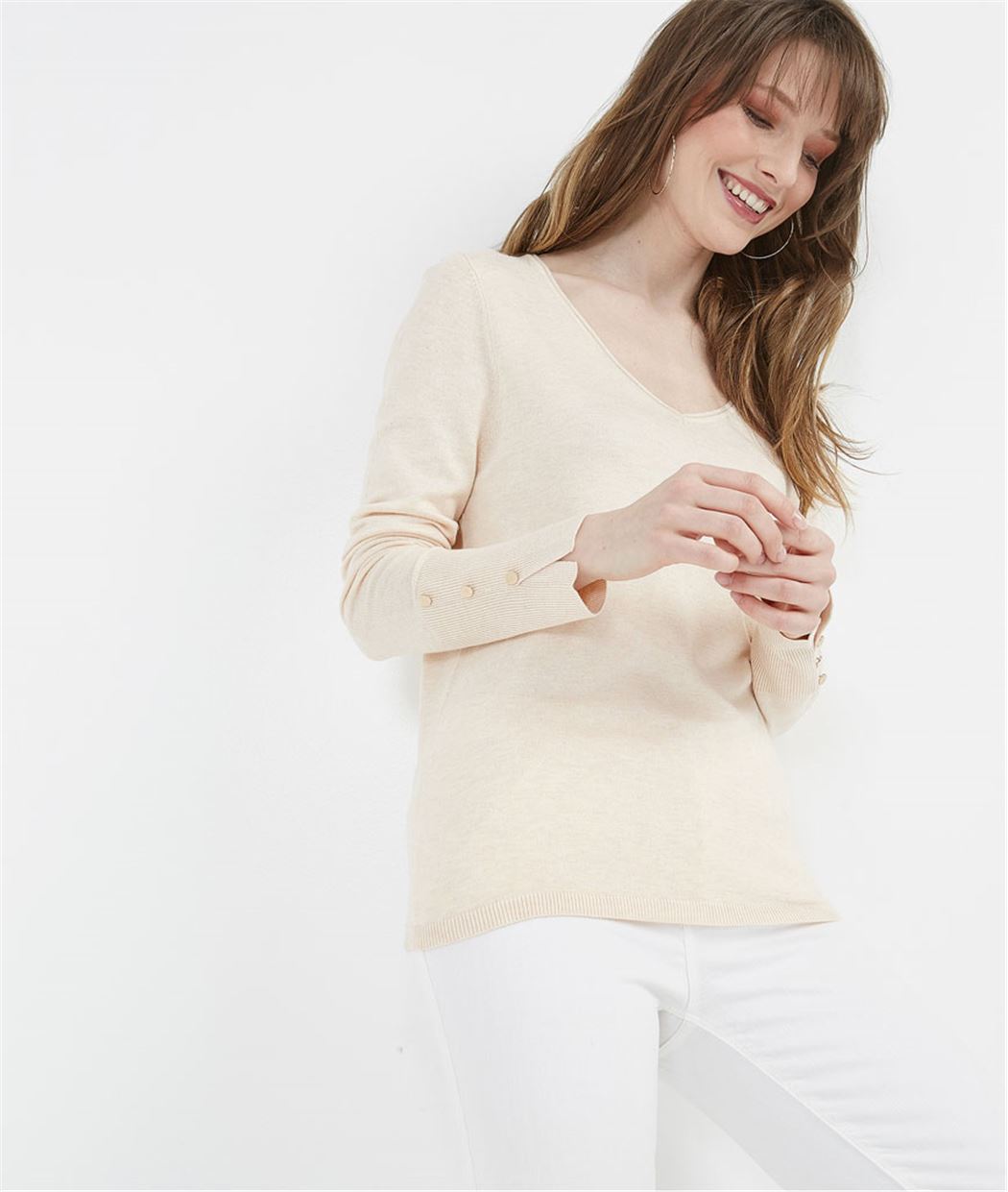 Pull femme basique avec boutons manches ROSE