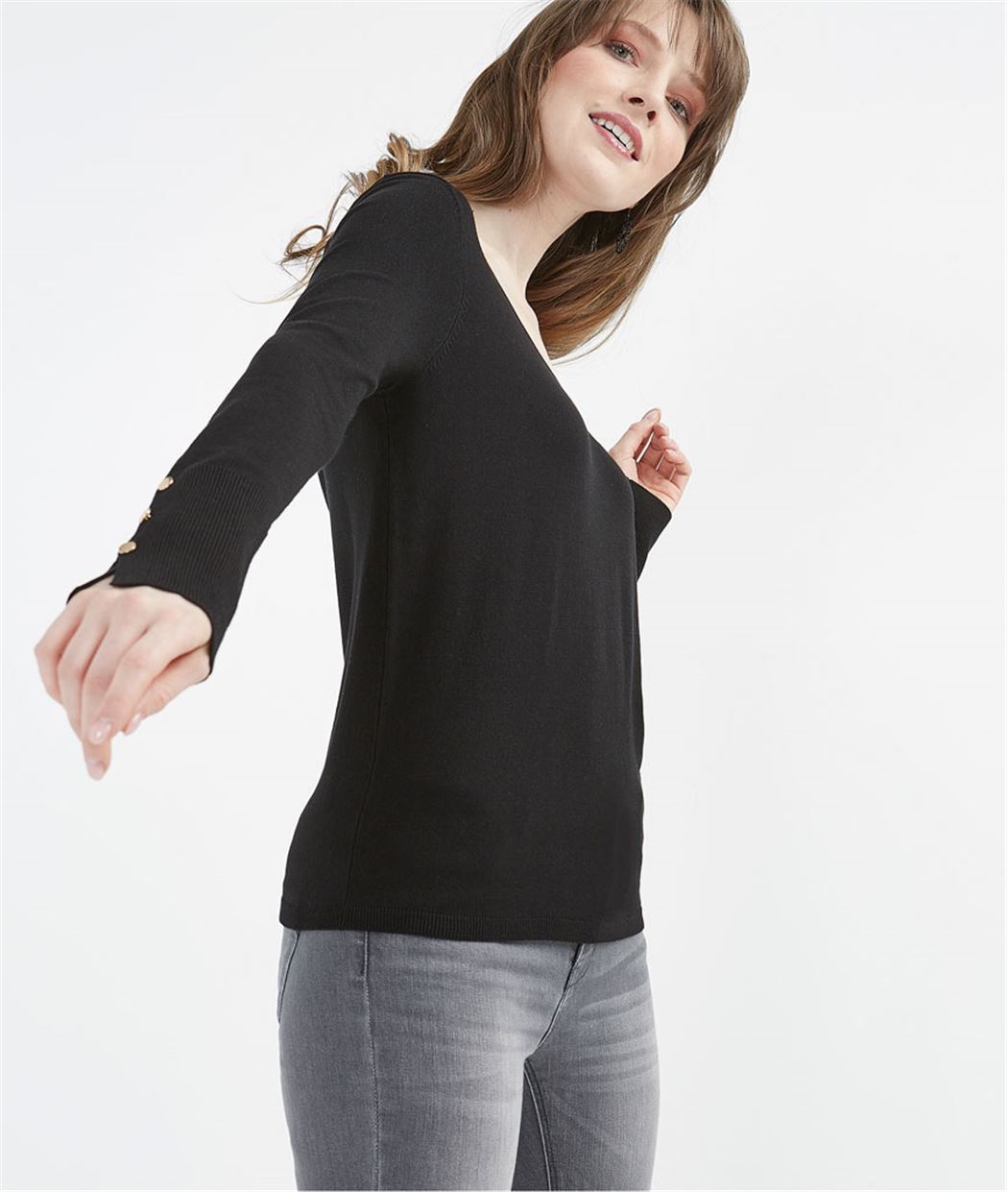 Pull femme basique avec boutons manches NOIR