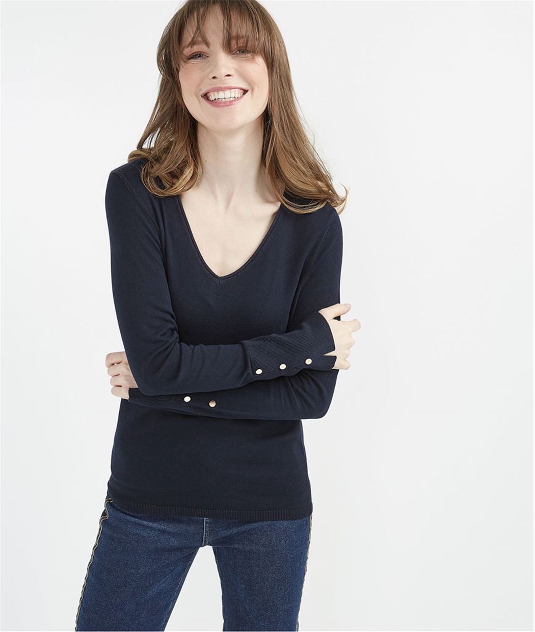 Pull femme basique avec boutons manches MARINE