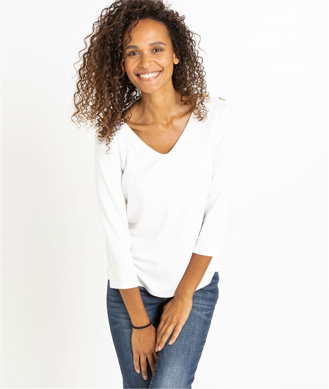 T-shirt femme manches 3/4 avec boutons ECRU