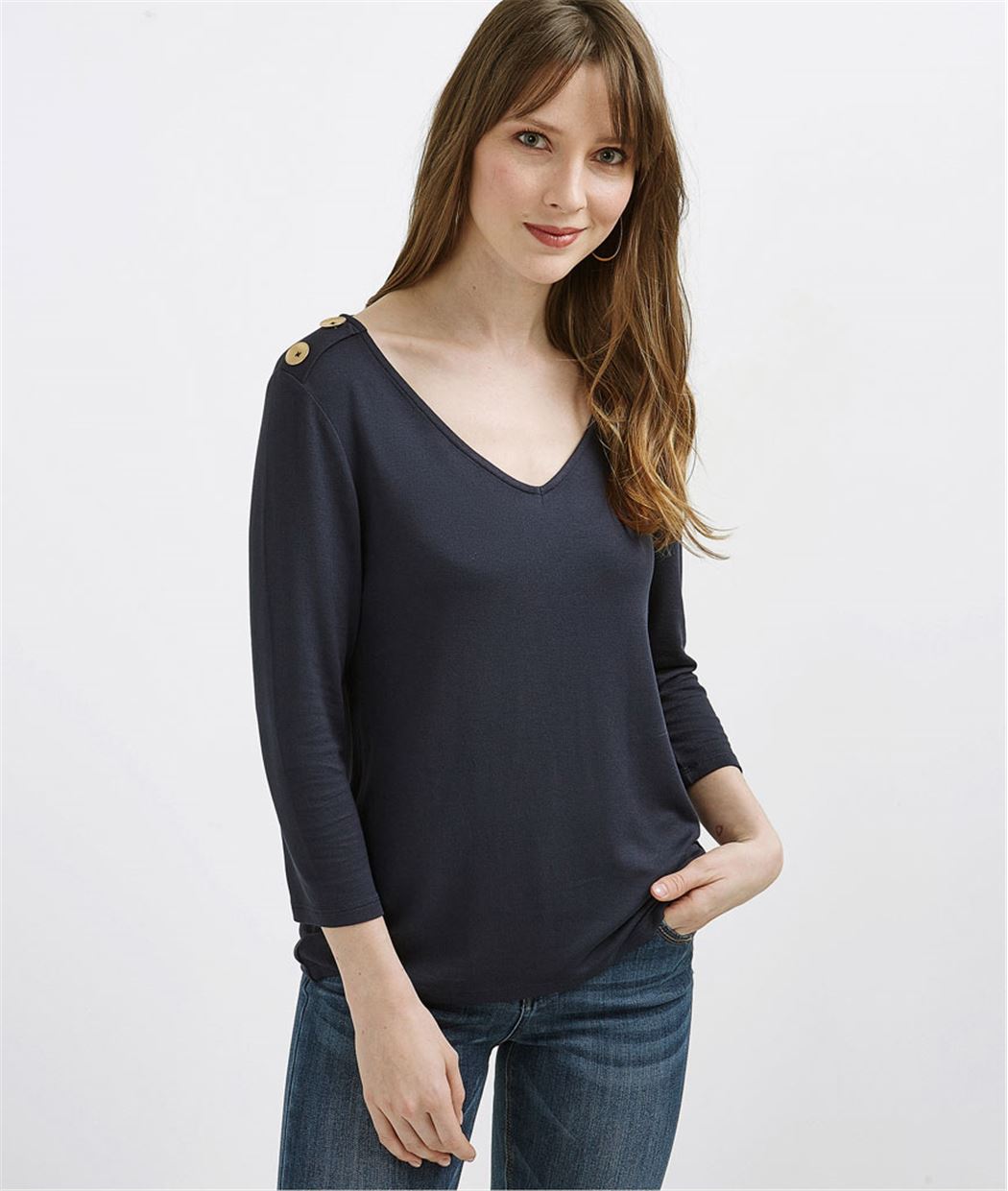 T-shirt femme manches 3/4 avec boutons MARINE