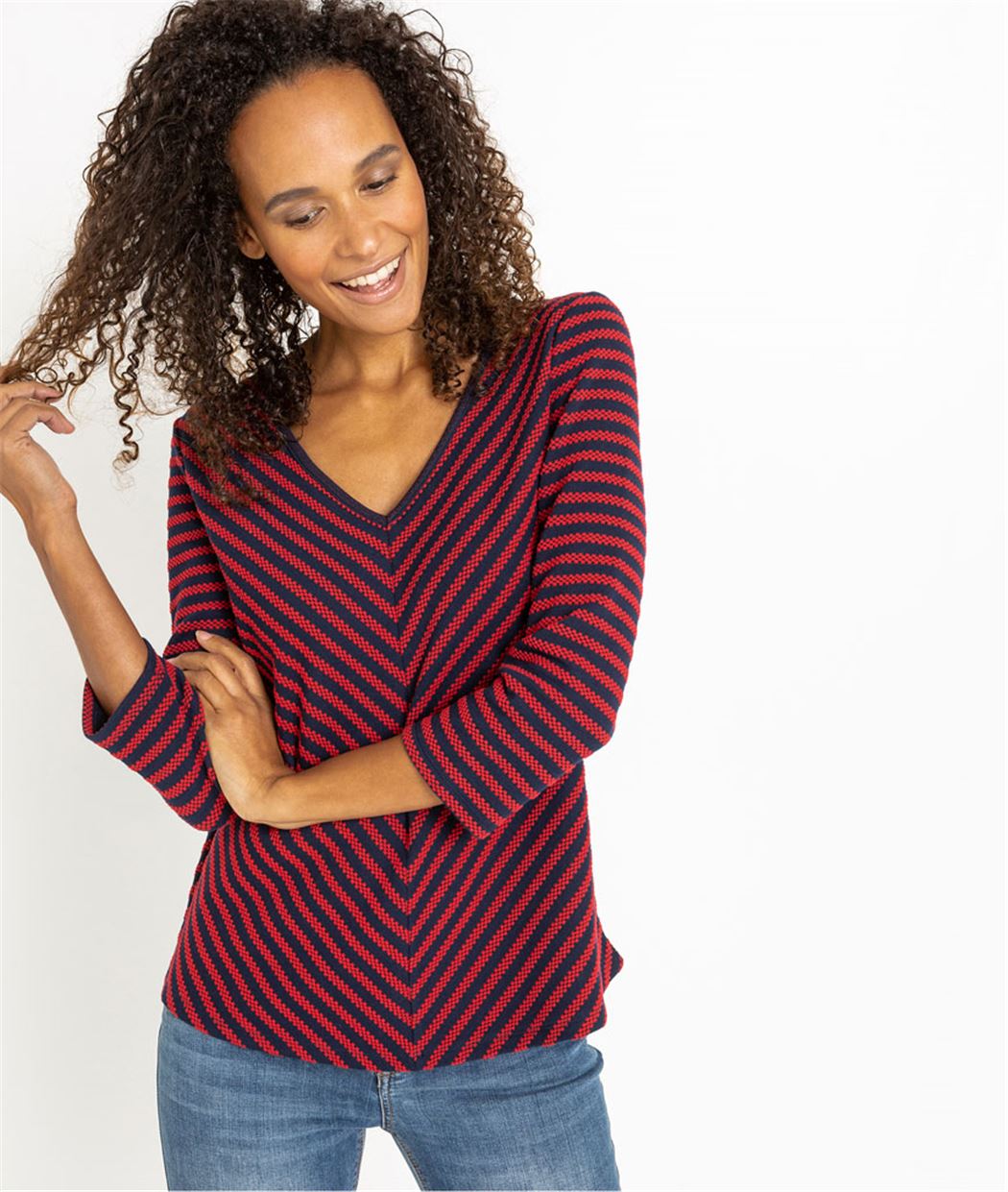 Sweat femme chevrons marine et rouges MARINE