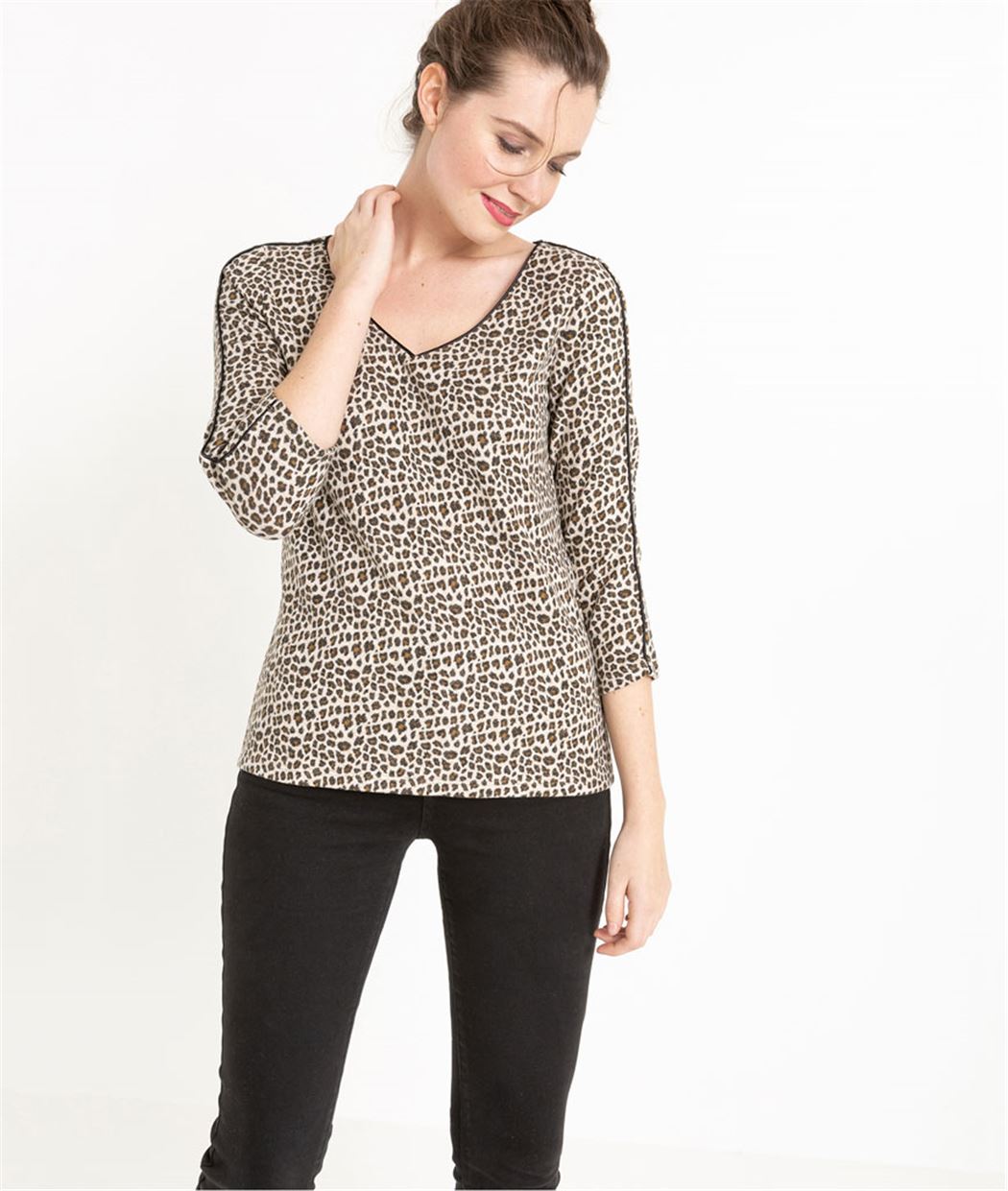 T-shirt femme manche 3/4 imprimé léopard BEIGE