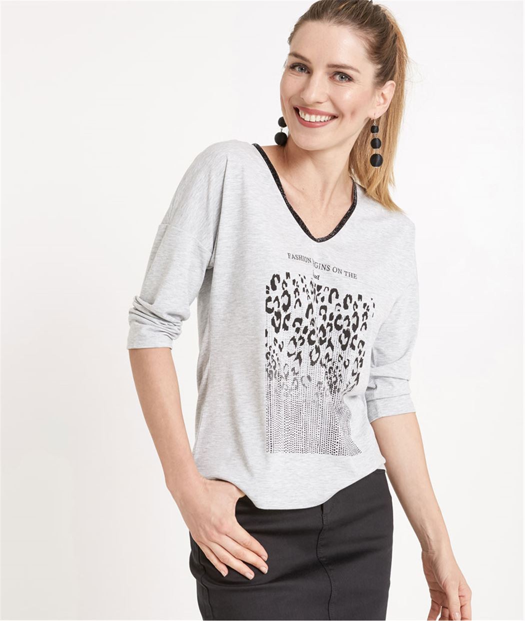 T-shirt femme gris avec motif léopard GRIS