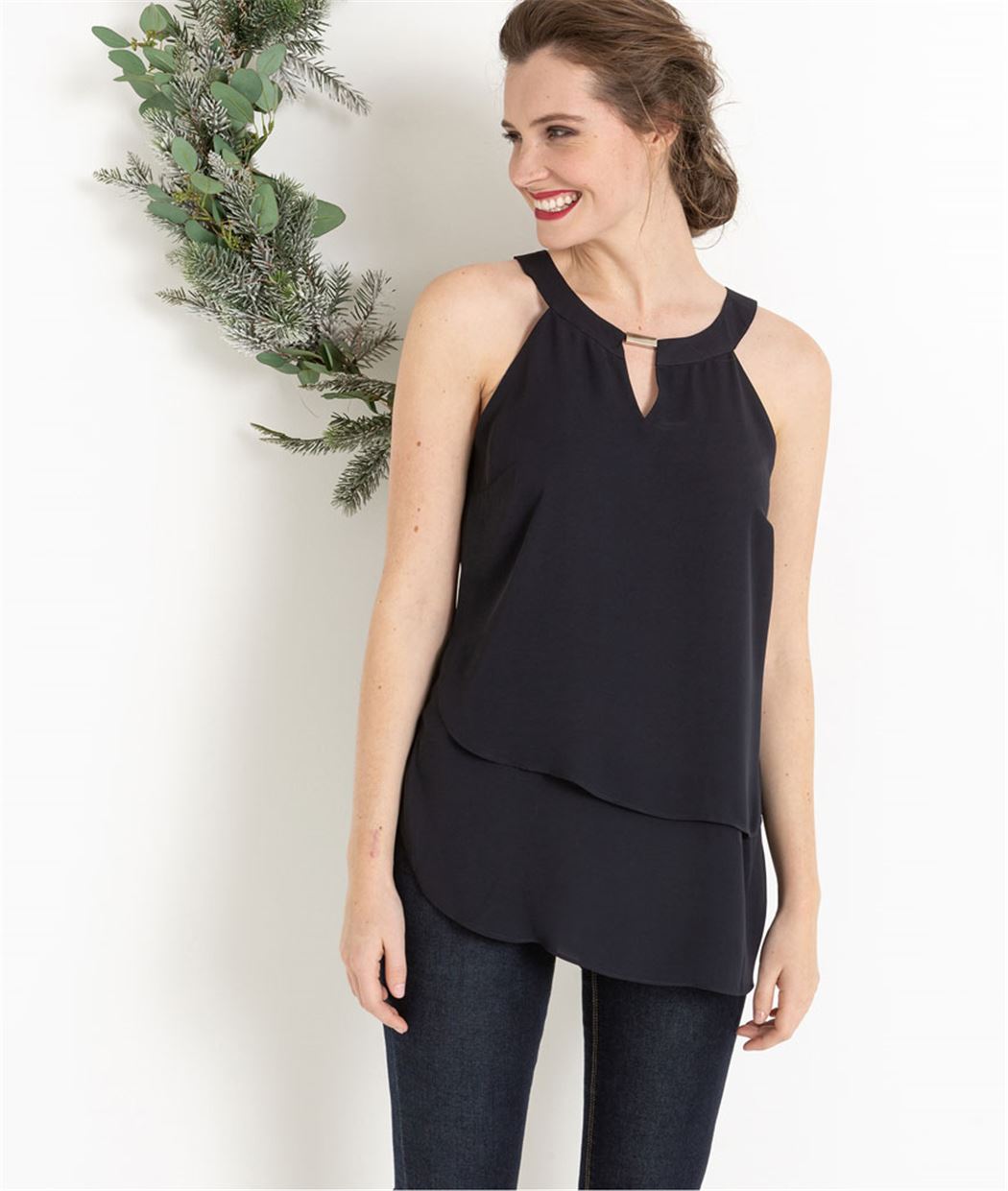 Top femme marine volanté avec bijou NOIR