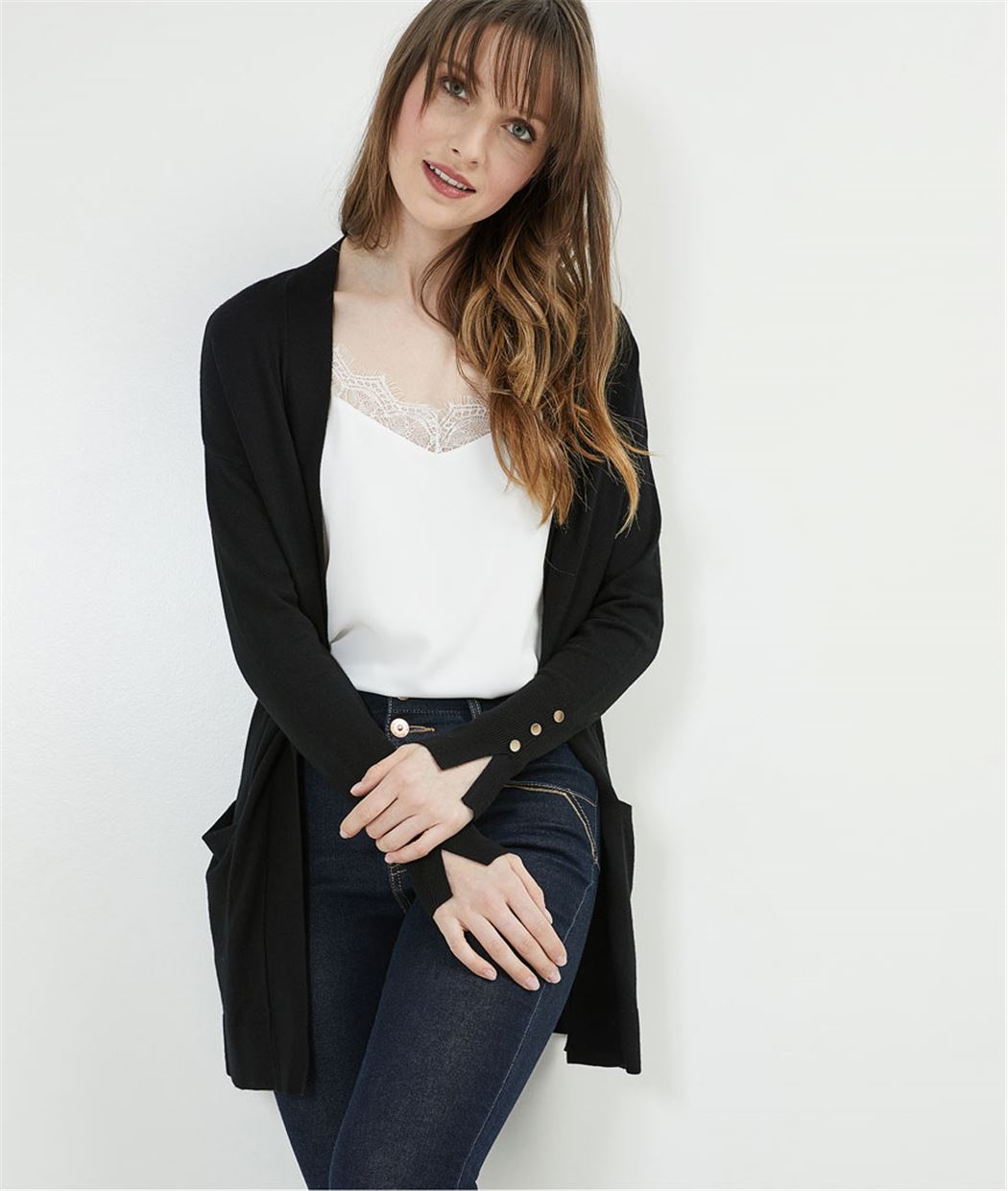 Gilet femme long avec boutons poignets NOIR