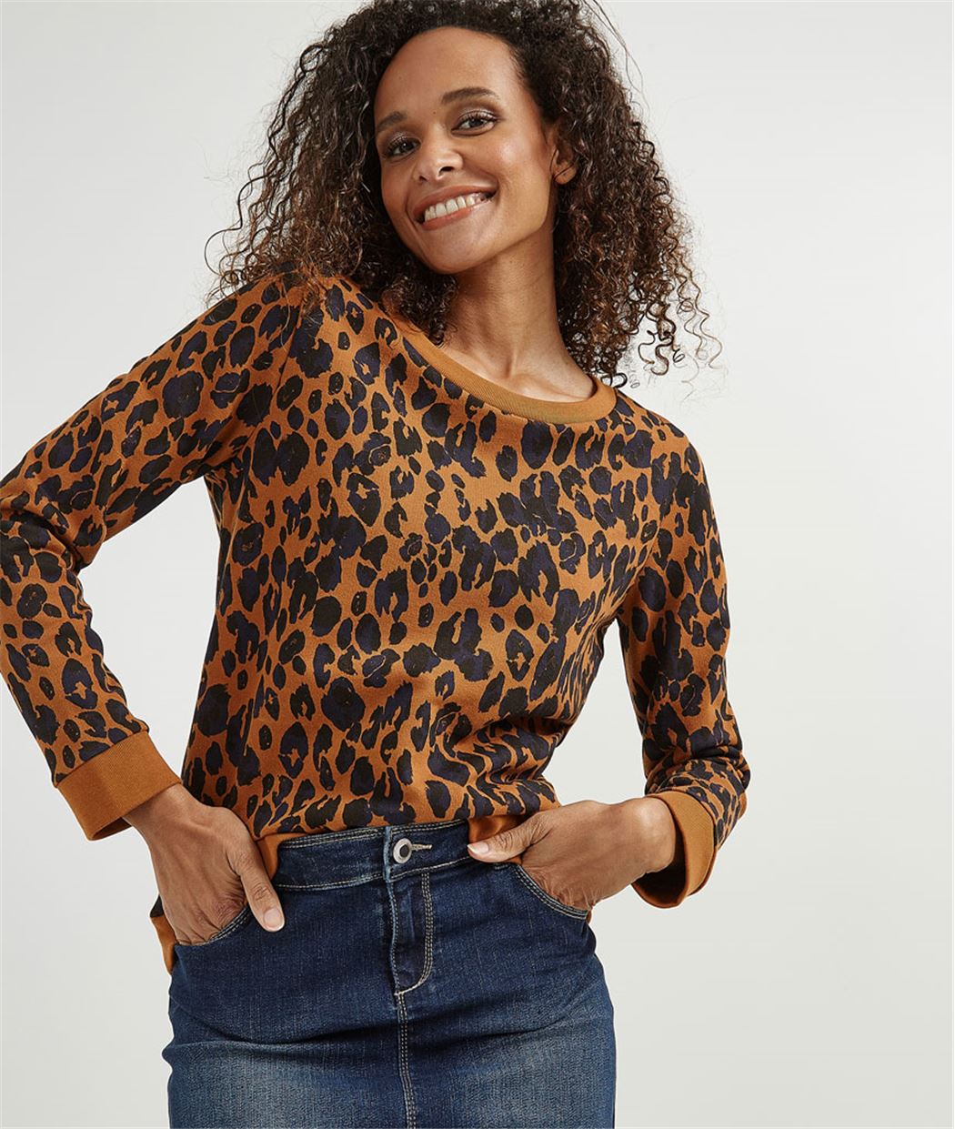 Sweat femme molleton et imprimé léopard CAMEL