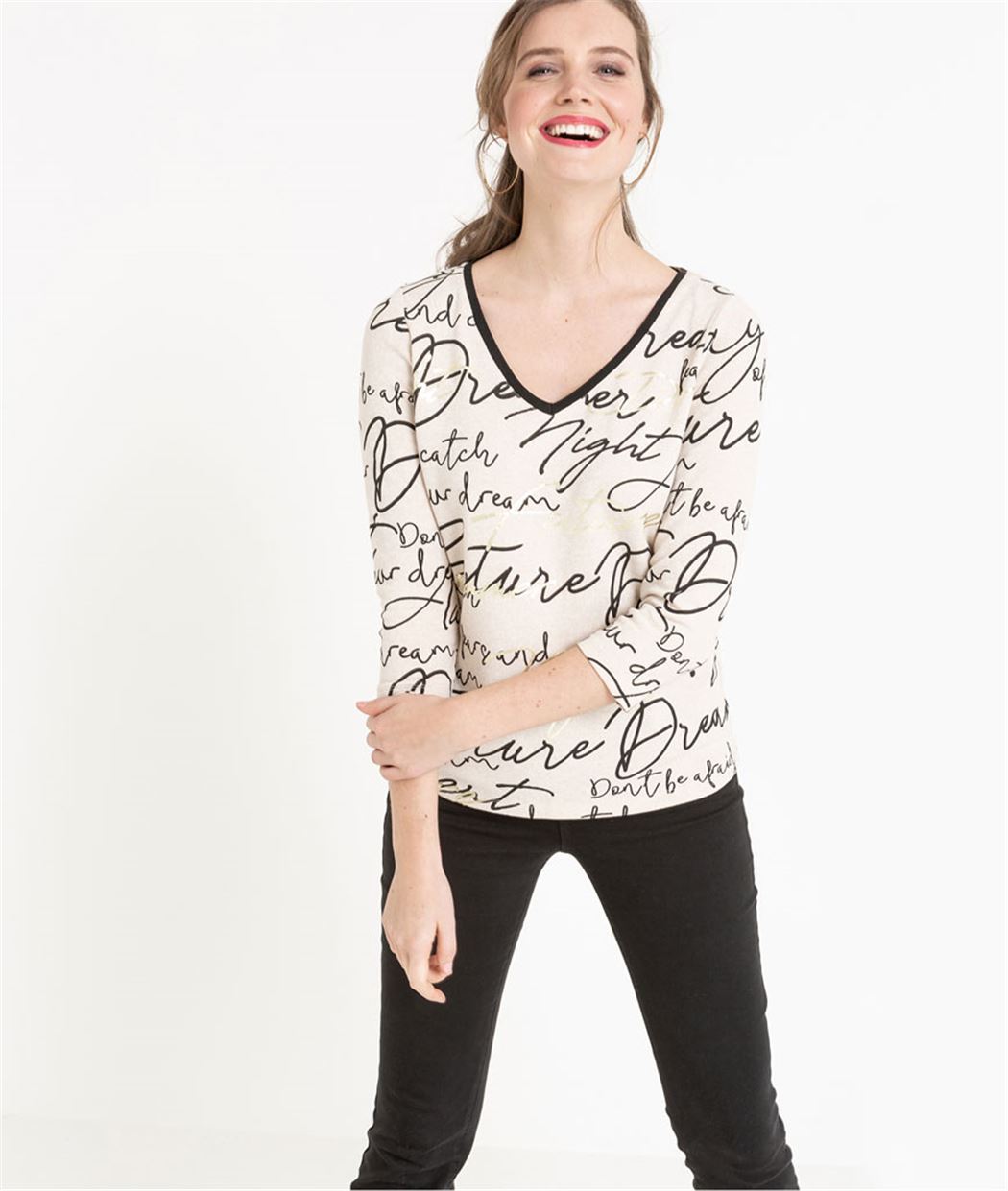 T-shirt femme imprimé écriture BEIGE