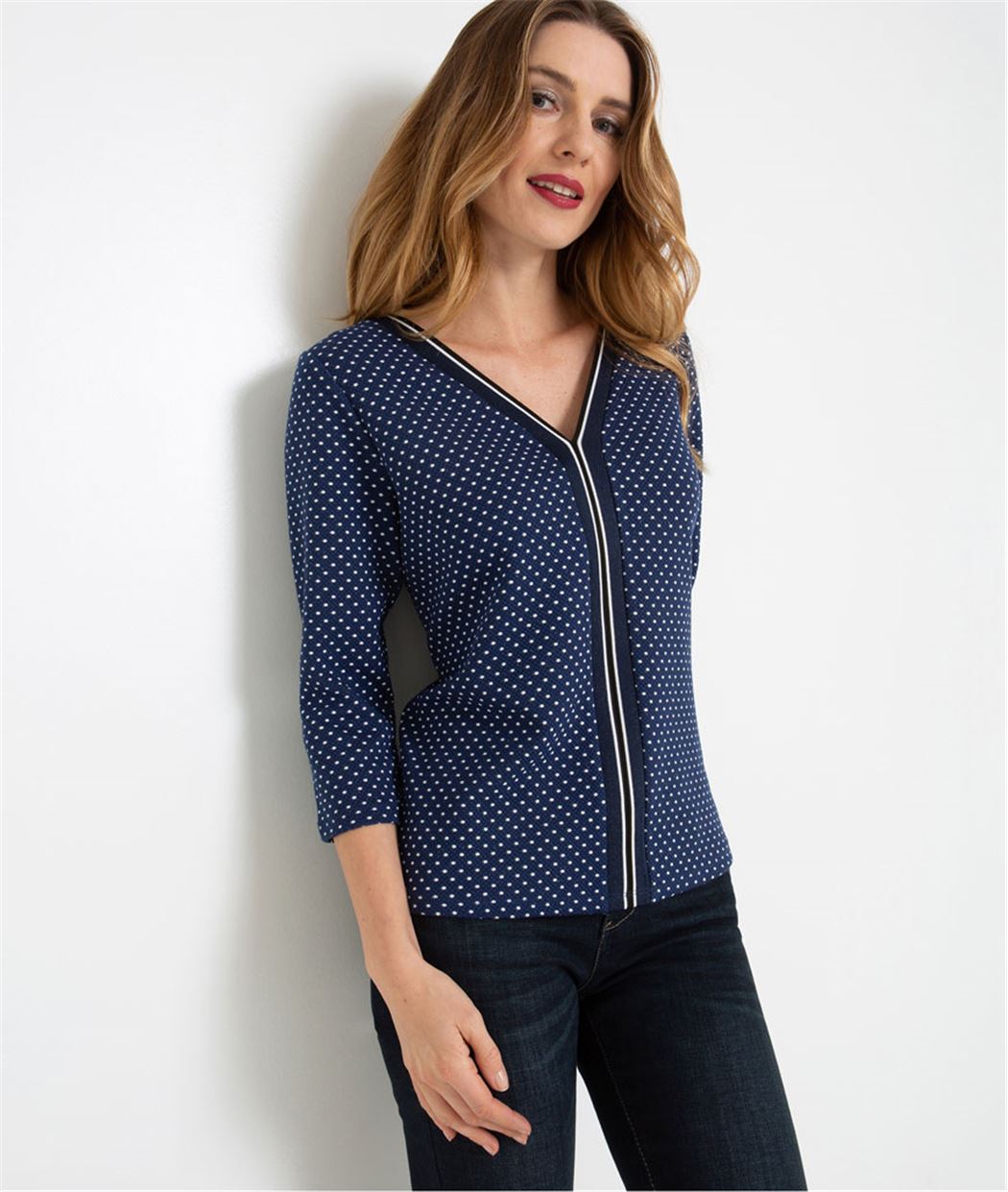 Sweat femme à pois décolleté V MARINE