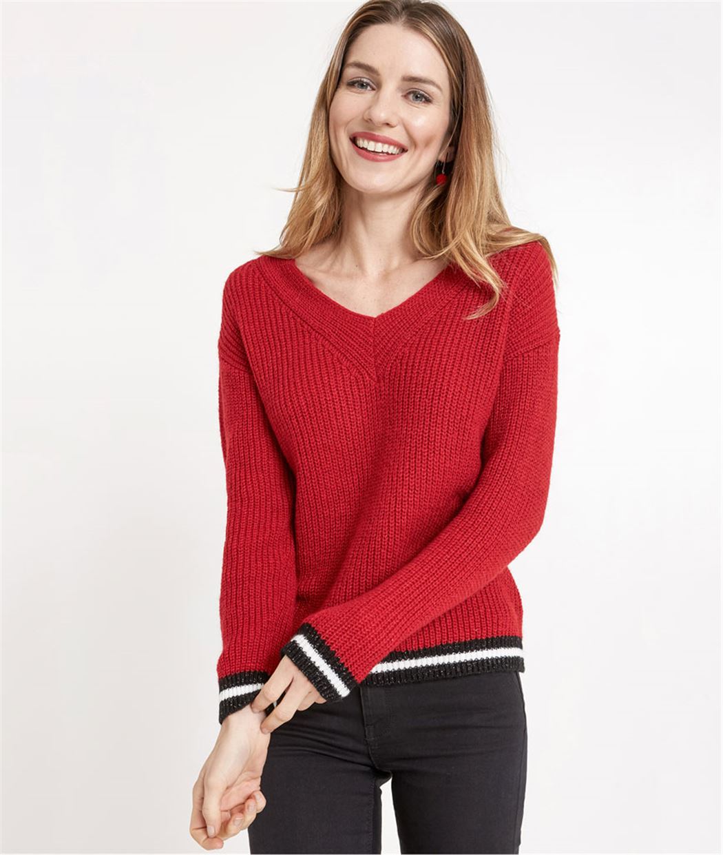 Pull femme en maille et jeux de rayures ROUGE