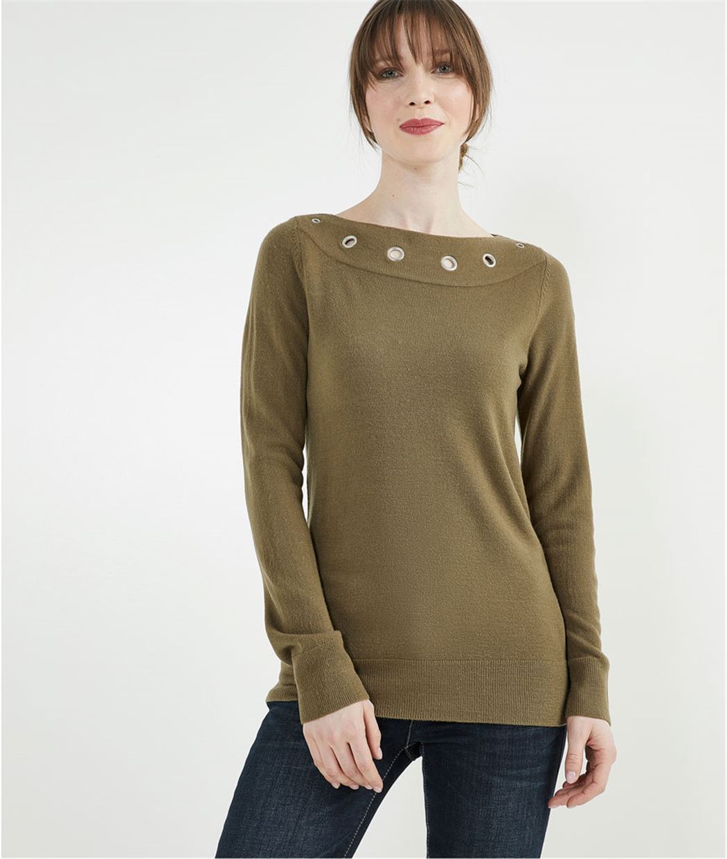  Pull  femme  avec oeillets KAKI Grain de Malice