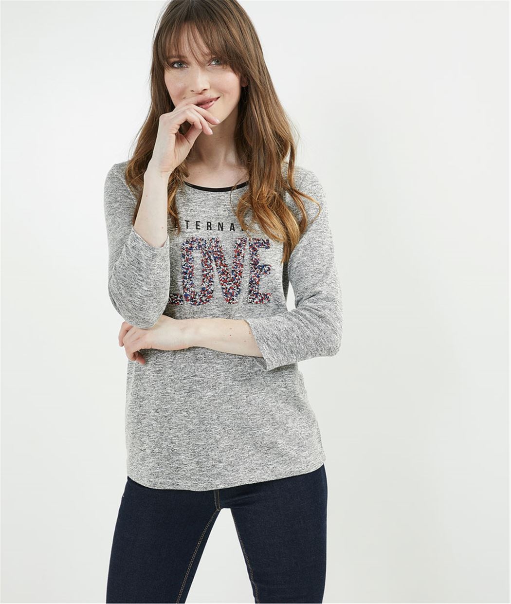 T-shirt femme message perles GRIS