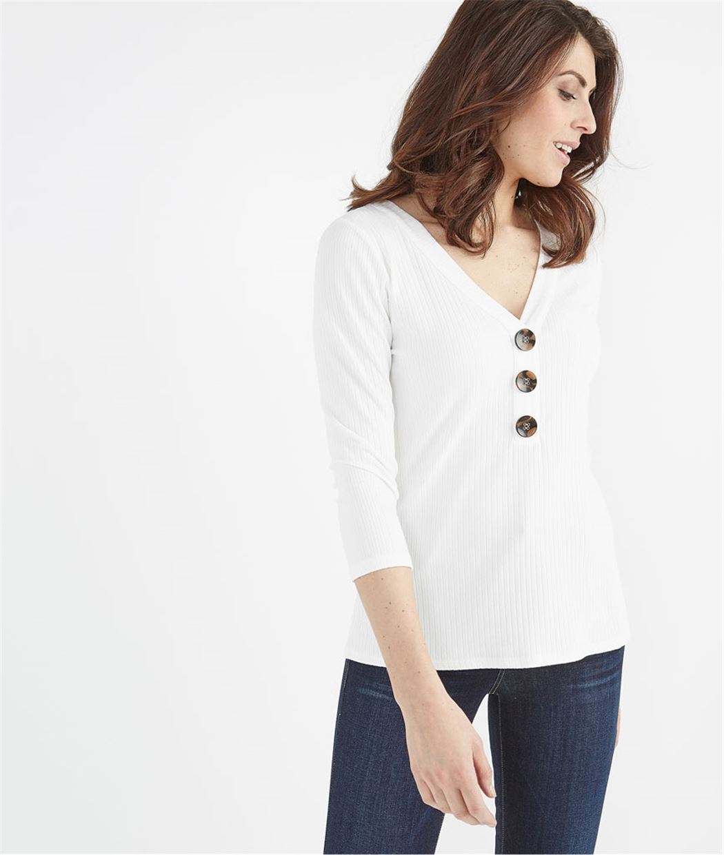 T-shirt femme col V avec boutons ECRU