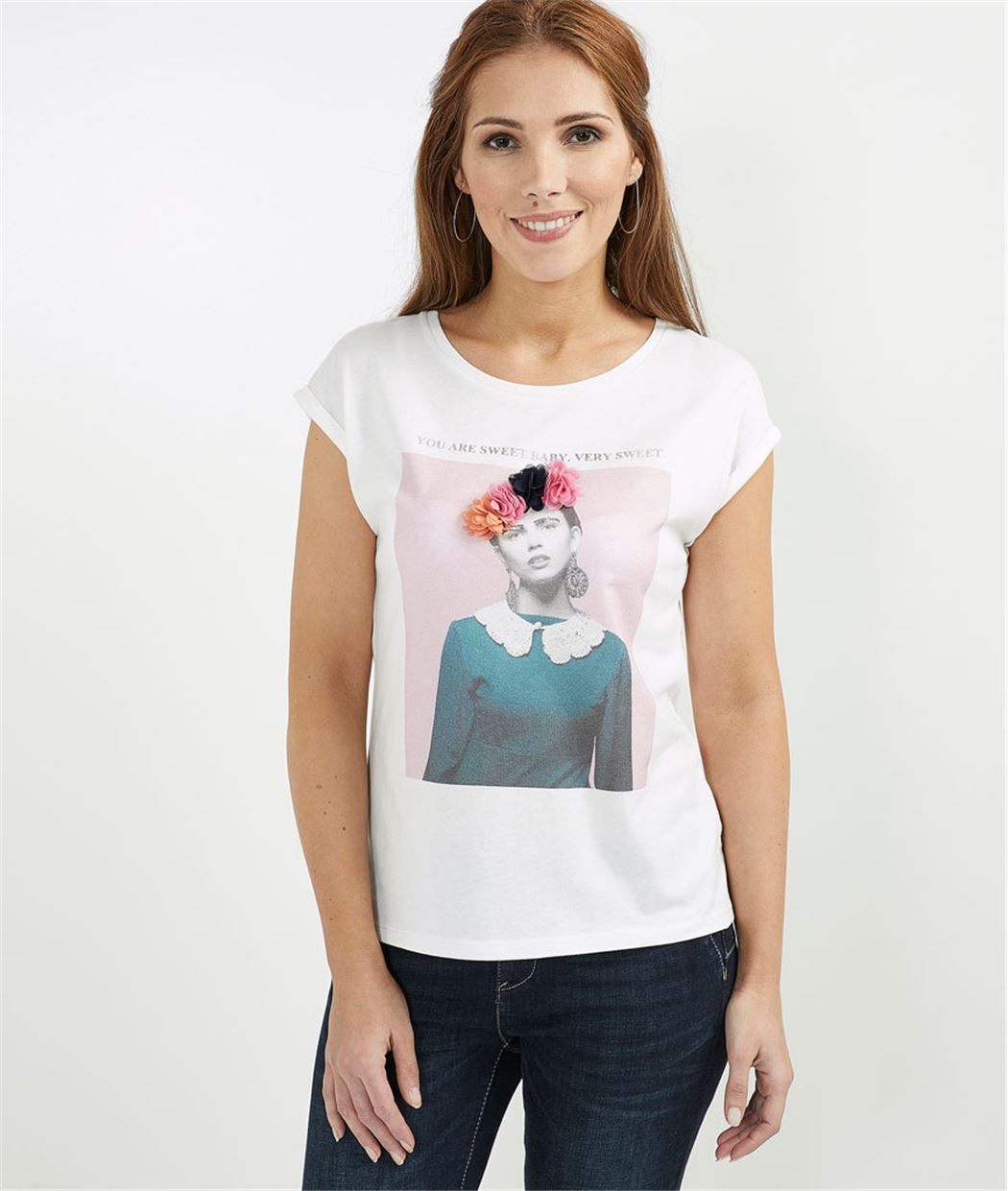 T-shirt femme imprimé avec fleurs BLANC