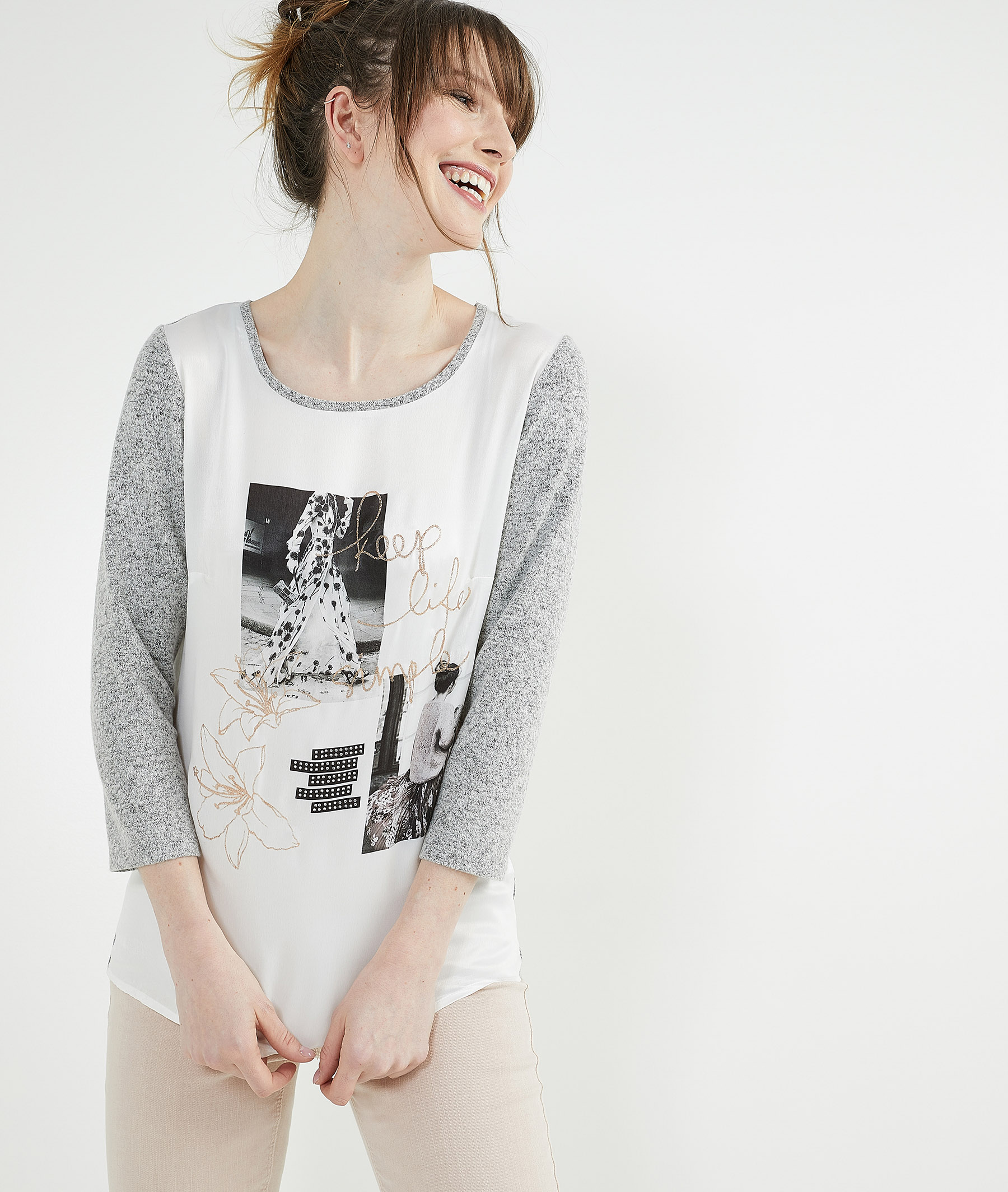 T-shirt femme bi-matières avec photo GRIS
