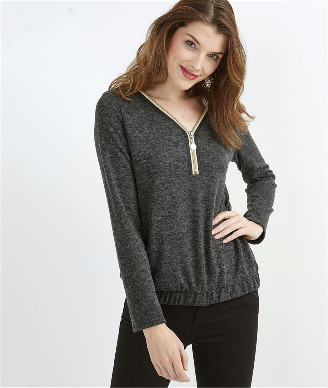  Pull  femme  avec zip  et bas lastiqu  GRIS Grain de Malice