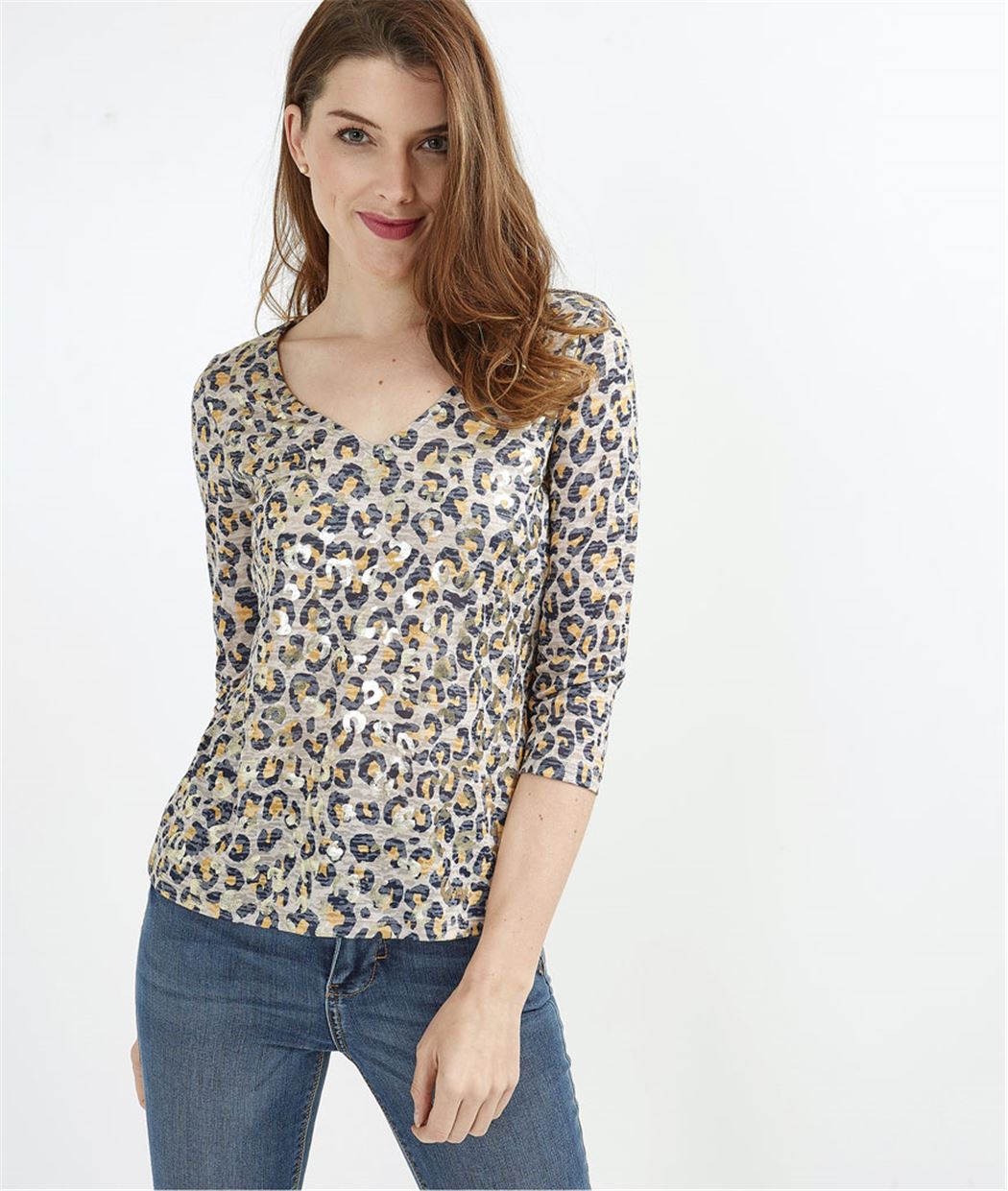 T-shirt femme léopard brillant BEIGE