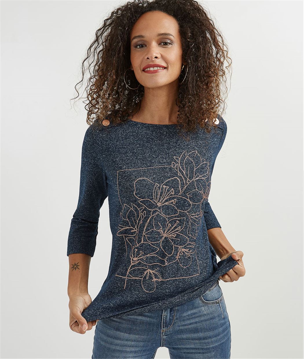 T-shirt femme motifs et boutons cuivrés MARINE