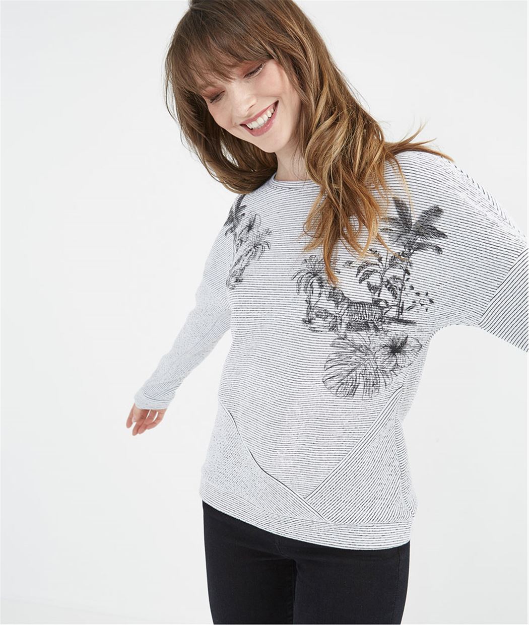 Sweat femme rayé avec imprimé fleurs ECRU