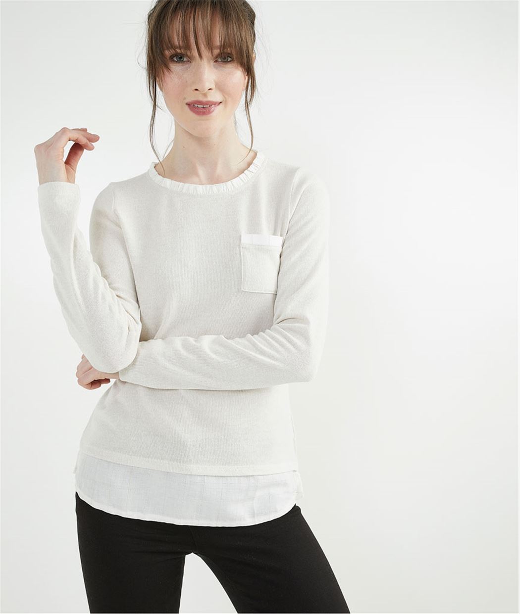 T-shirt femme beige avec col victorien BEIGE