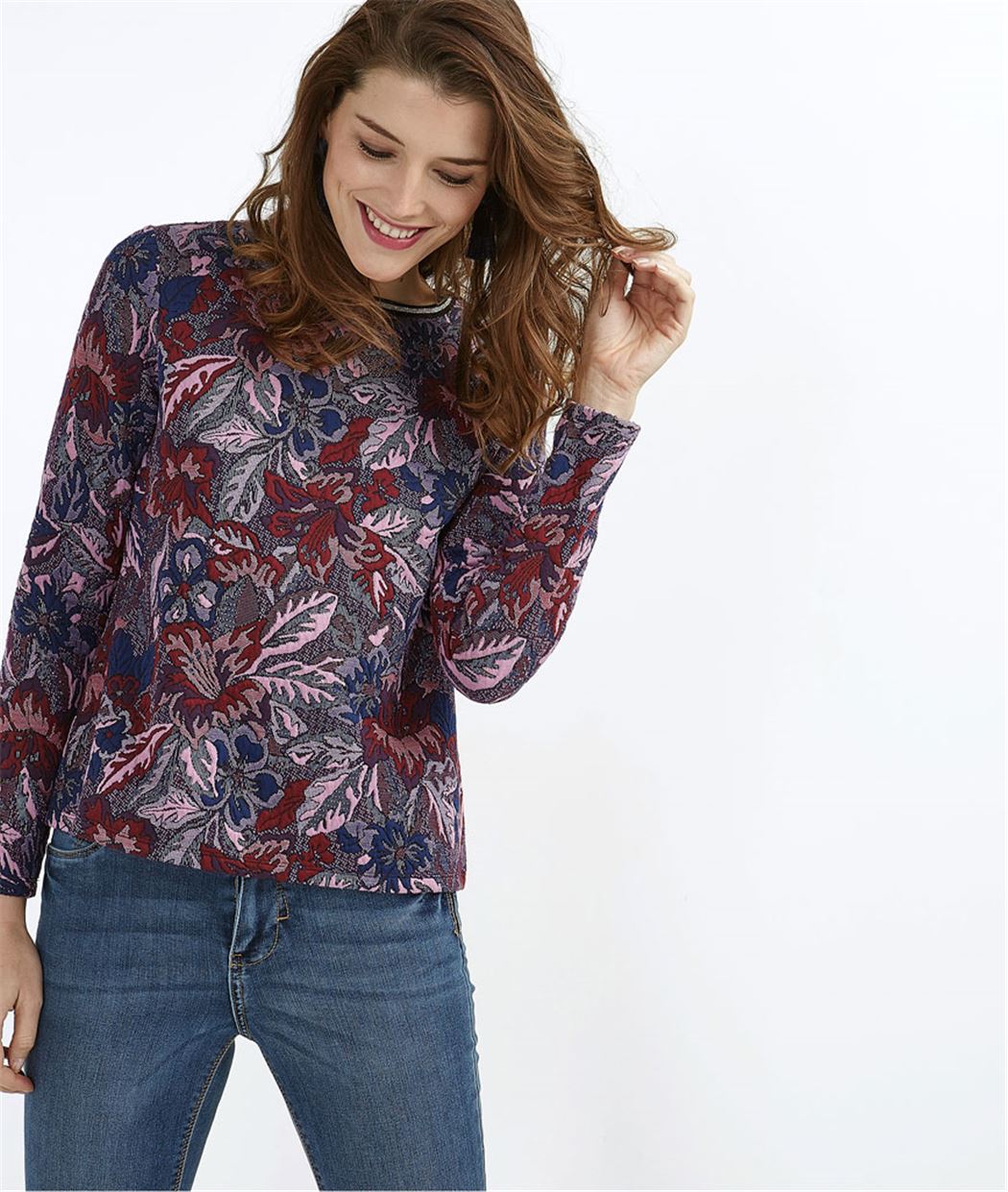 Sweat femme en jacquard avec fleurs VIOLET