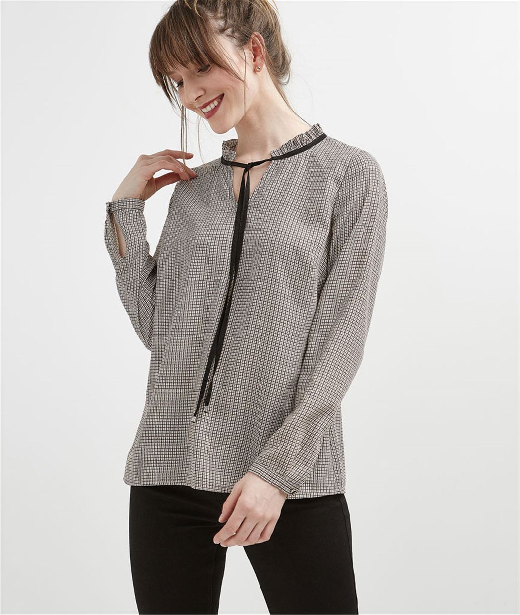 Blouse femme pied de coq avec laçage IMPRIME