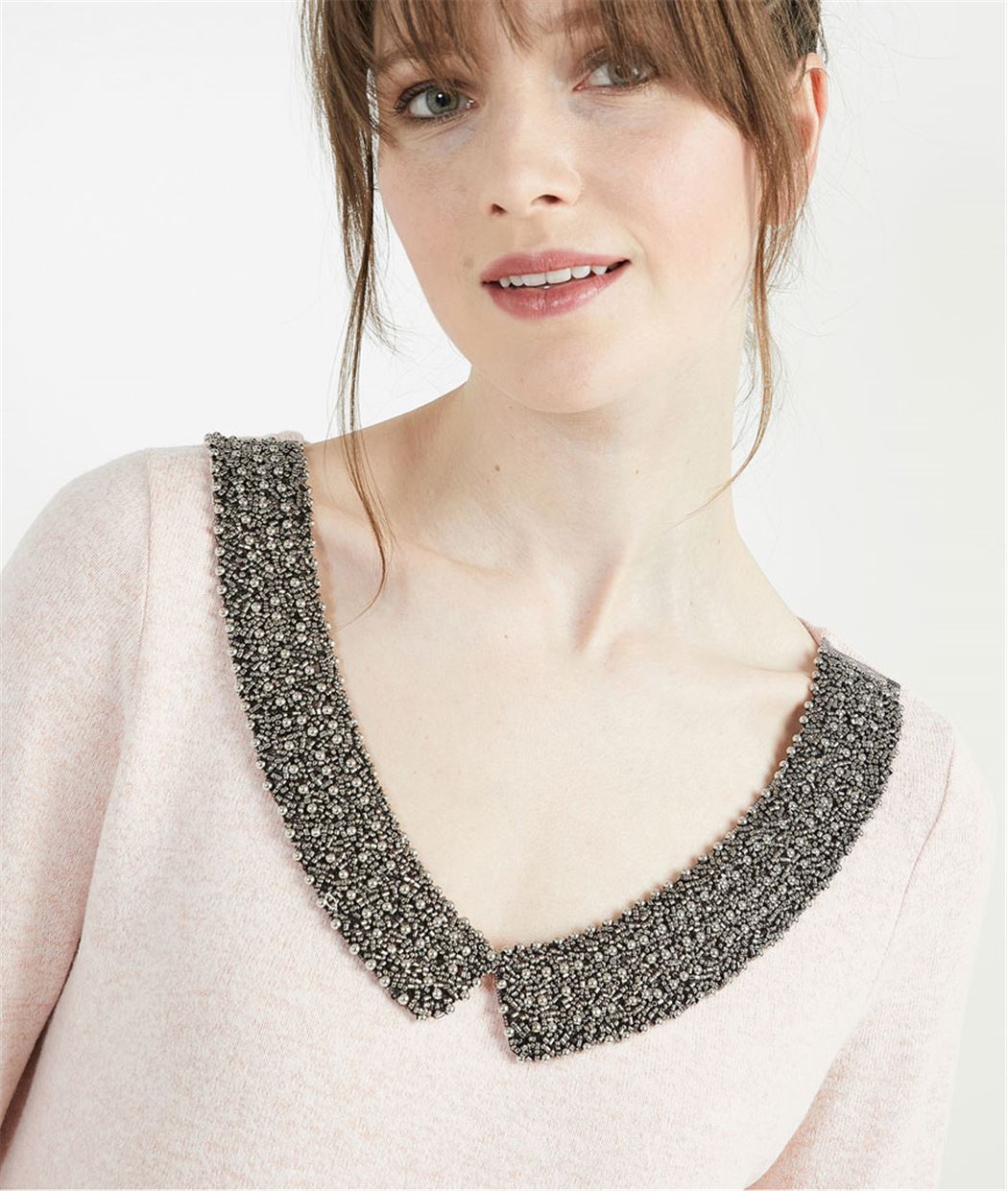 T-shirt femme col Claudine avec perles ROSE