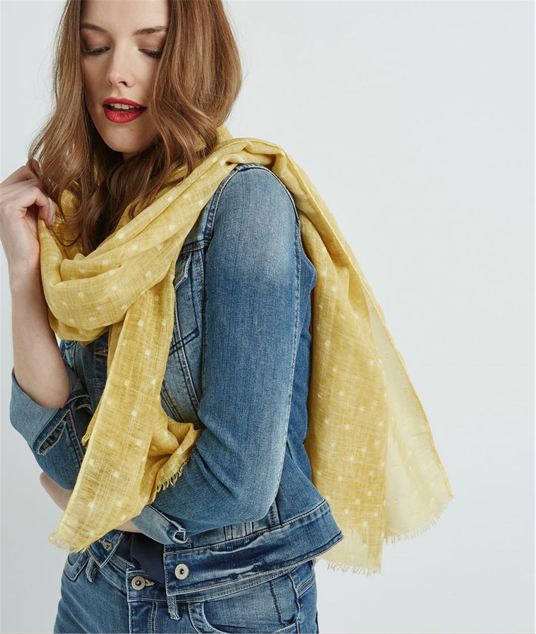 Foulard femme jaune à pois blancs JAUNE
