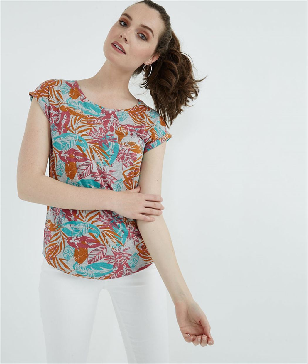 T-shirt femme imprimé fleuri TURQUOISE