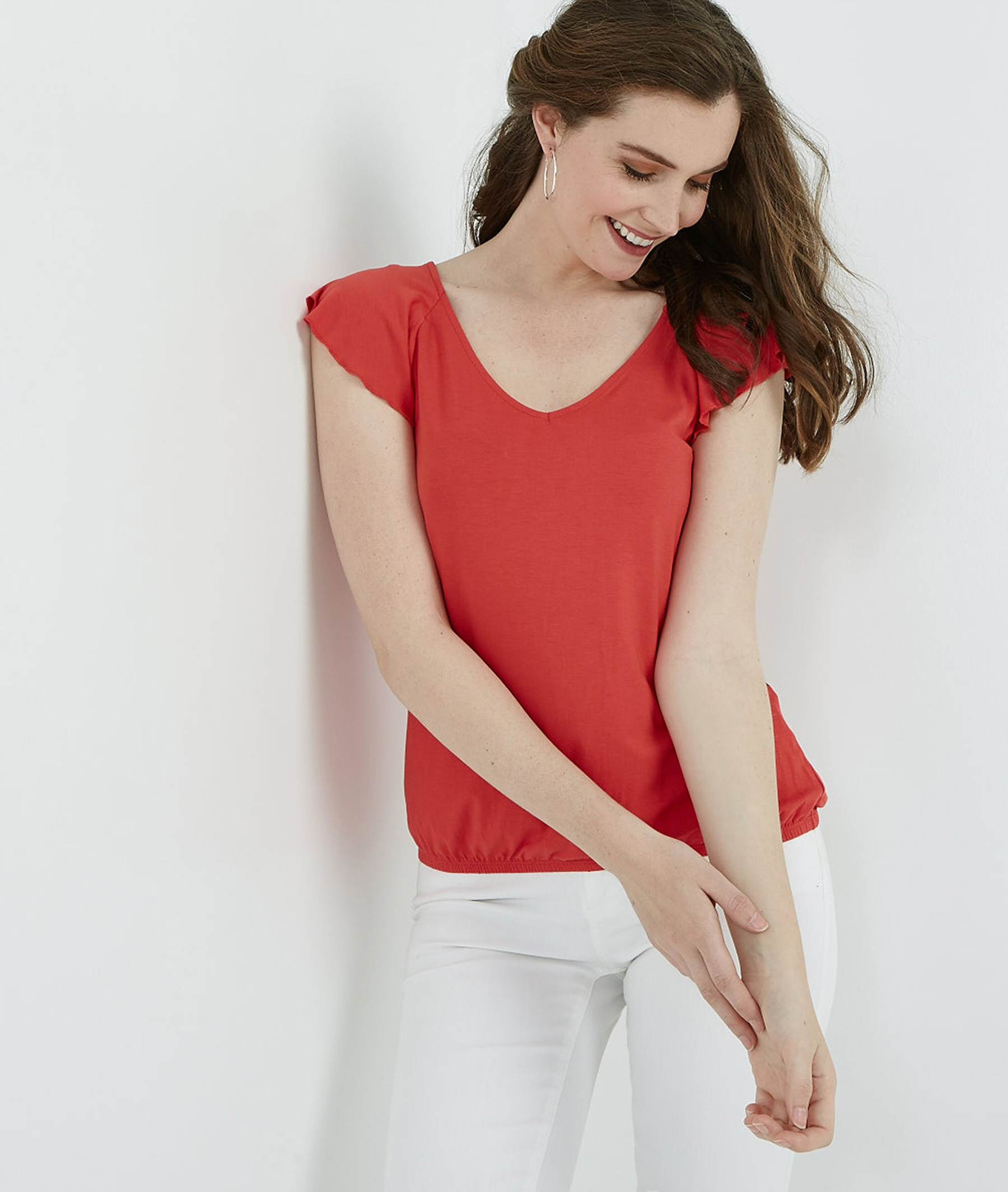 T-shirt femme uni base élastiquée ROUGE