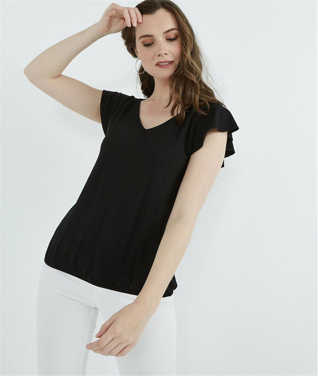 T-shirt femme uni base élastiquée NOIR
