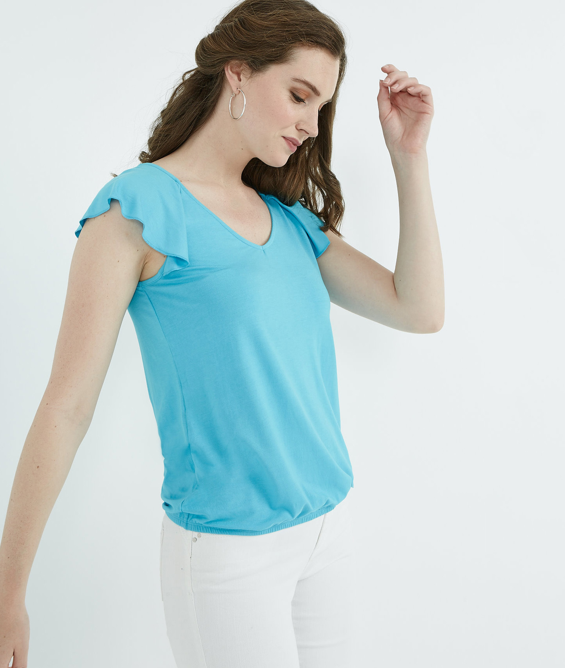 T-shirt femme uni base élastiquée TURQUOISE
