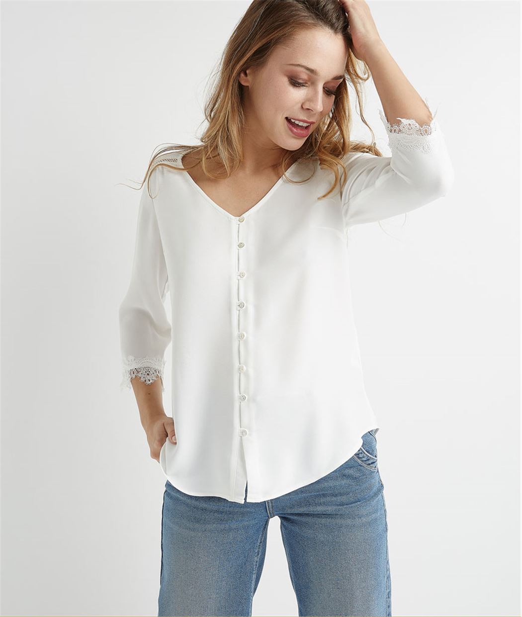  Blouse  femme avec dentelle  ECRU Grain de Malice