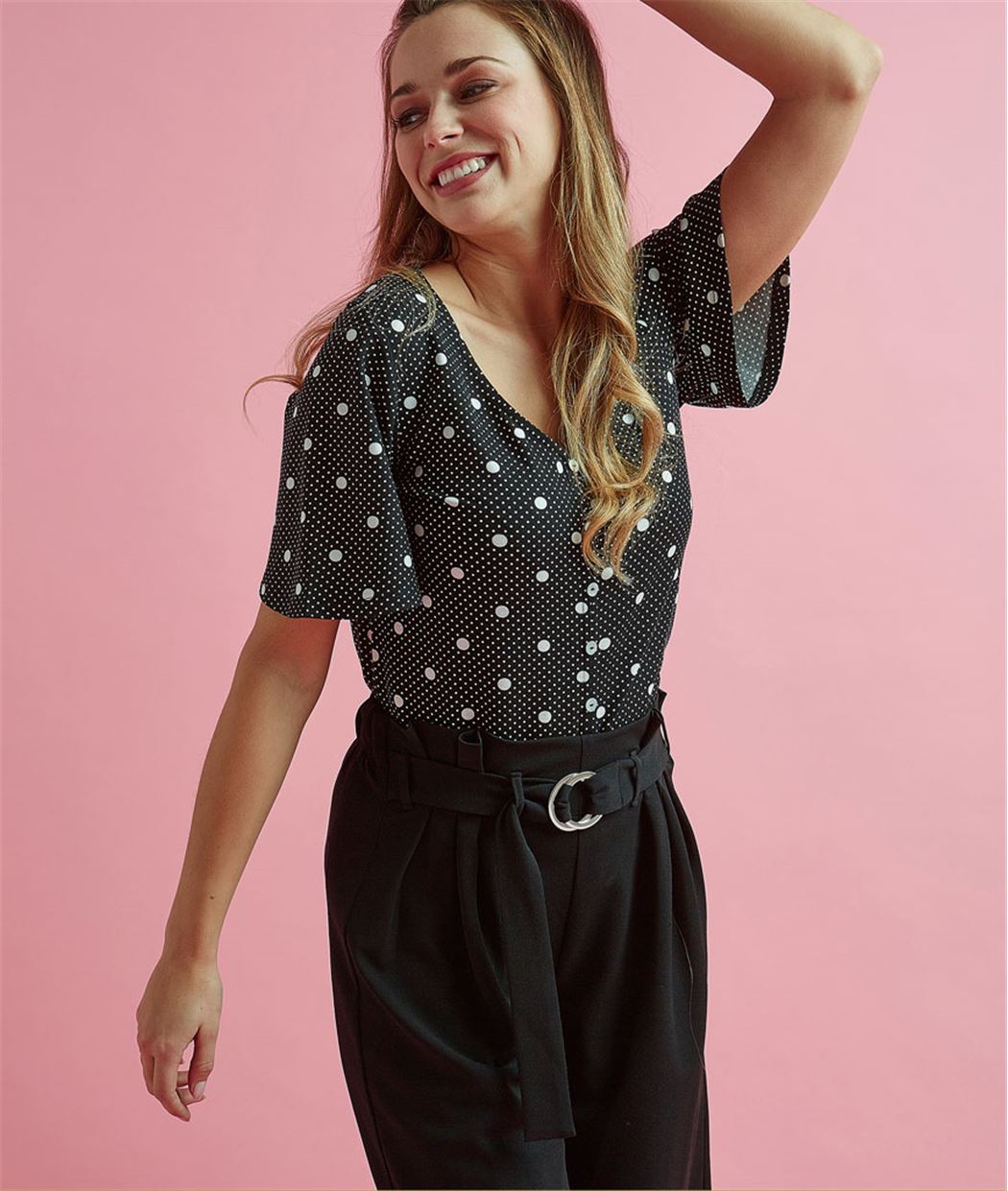 T-shirt femme boutonné à pois NOIR