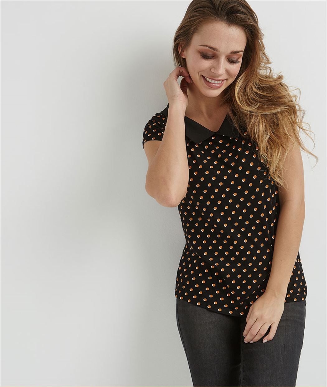 T-shirt femme à pois et col chemise NOIR
