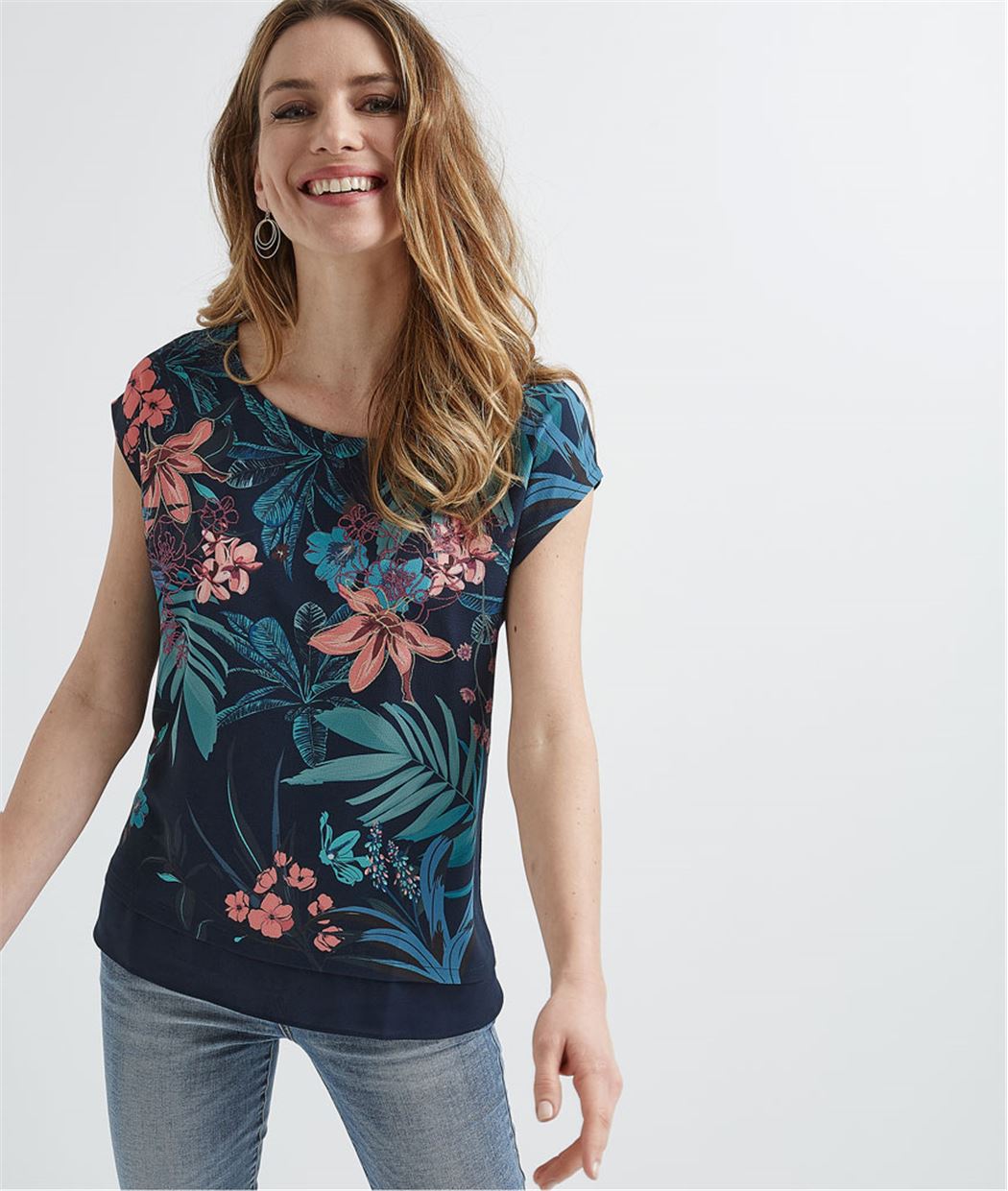 T-shirt femme imprimé bi-matières MARINE