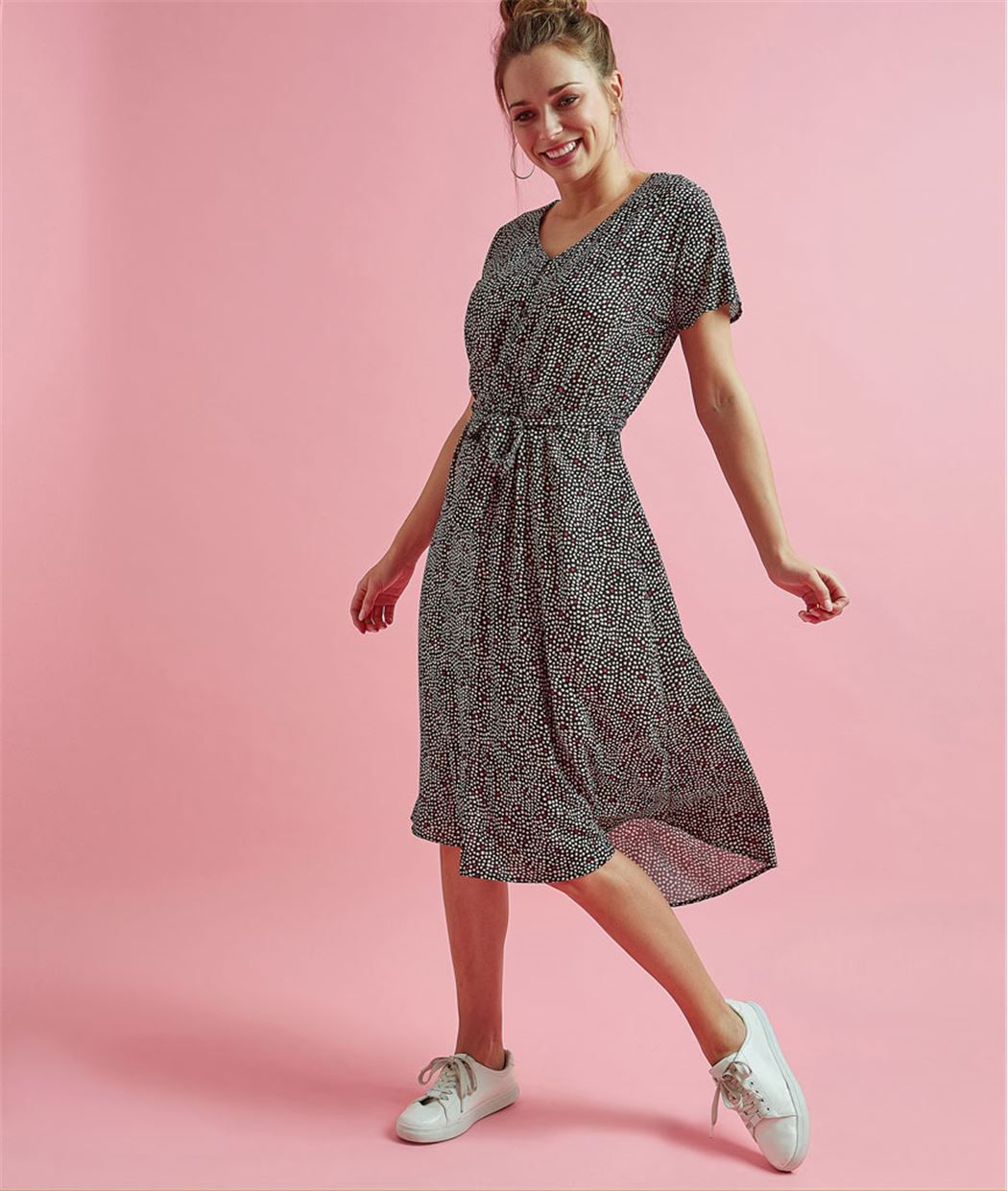 Robe femme mi-longue imprimée ECRU