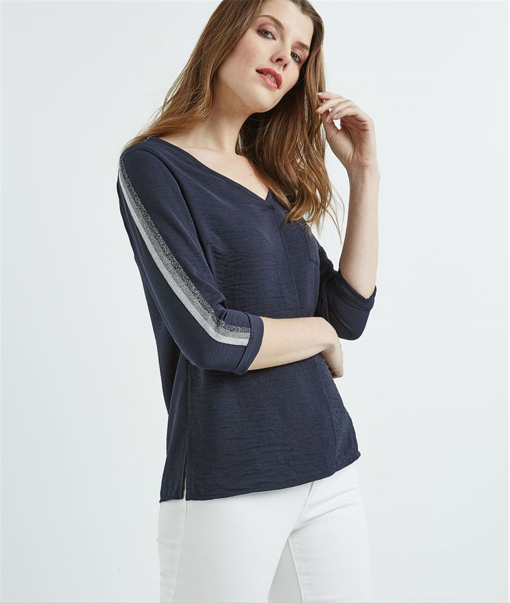 Blouse femme unie à rayures brillantes MARINE