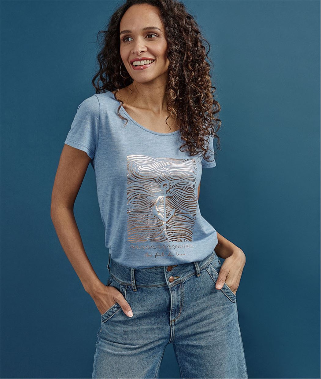 T-shirt femme basique imprimé brillant BLEU