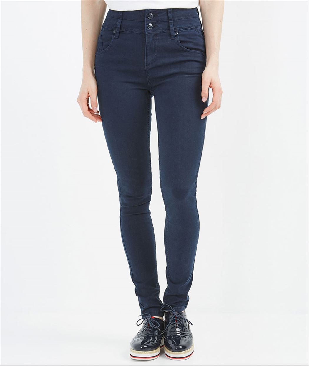 Jean slim taille haute de couleur uni MARINE