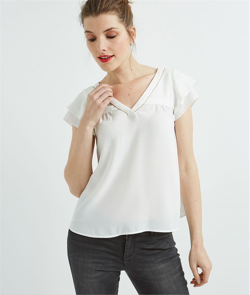 Blouse femme manches courtes volantées ECRU