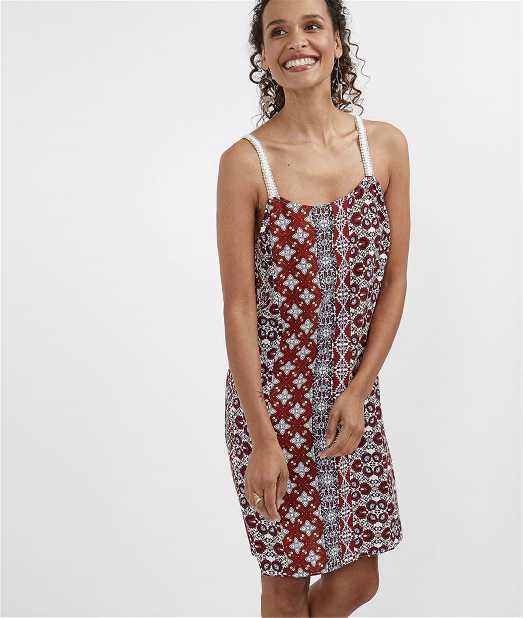 Robe imprimé à bretelles longueur genoux ROUGE