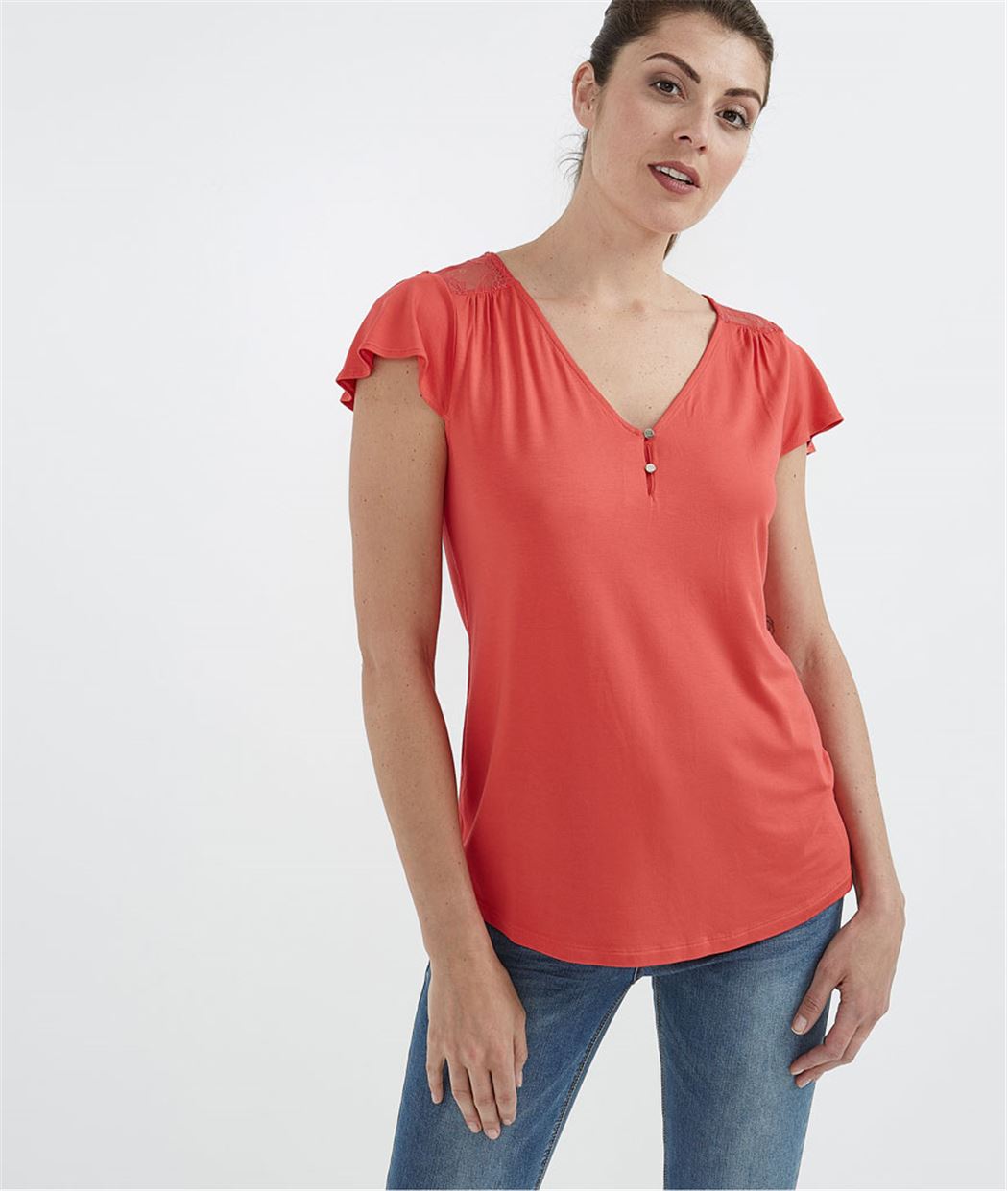 T-shirt femme uni avec dentelle CORAIL