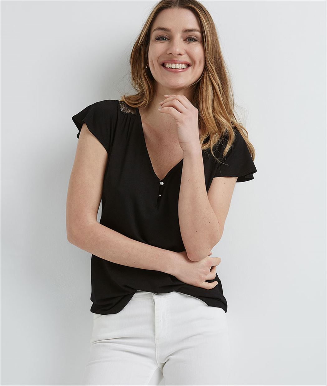 T-shirt femme uni avec dentelle NOIR