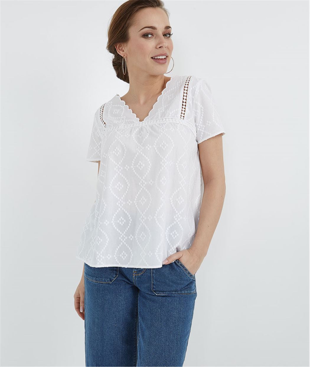 Blouse blanche en coton avec broderies ECRU