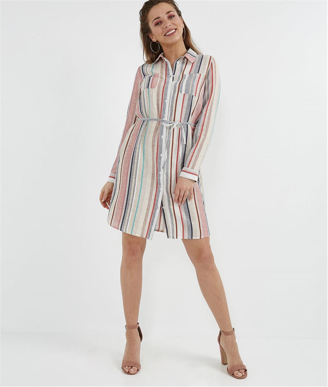 Robe chemise 100% coton rayée MULTICOLORE