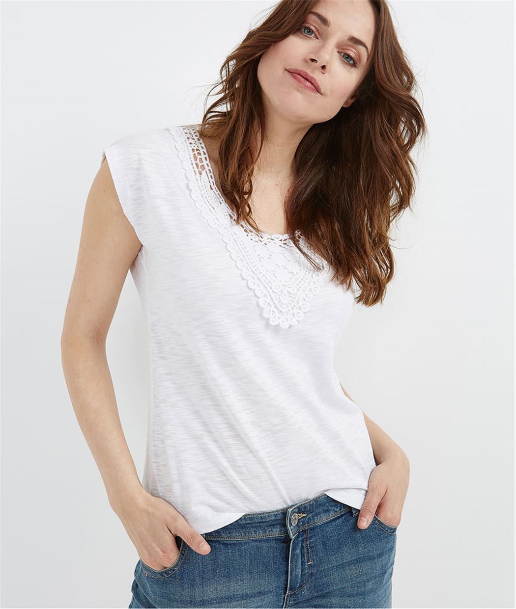 T-shirt femme avec col guipure BLANC