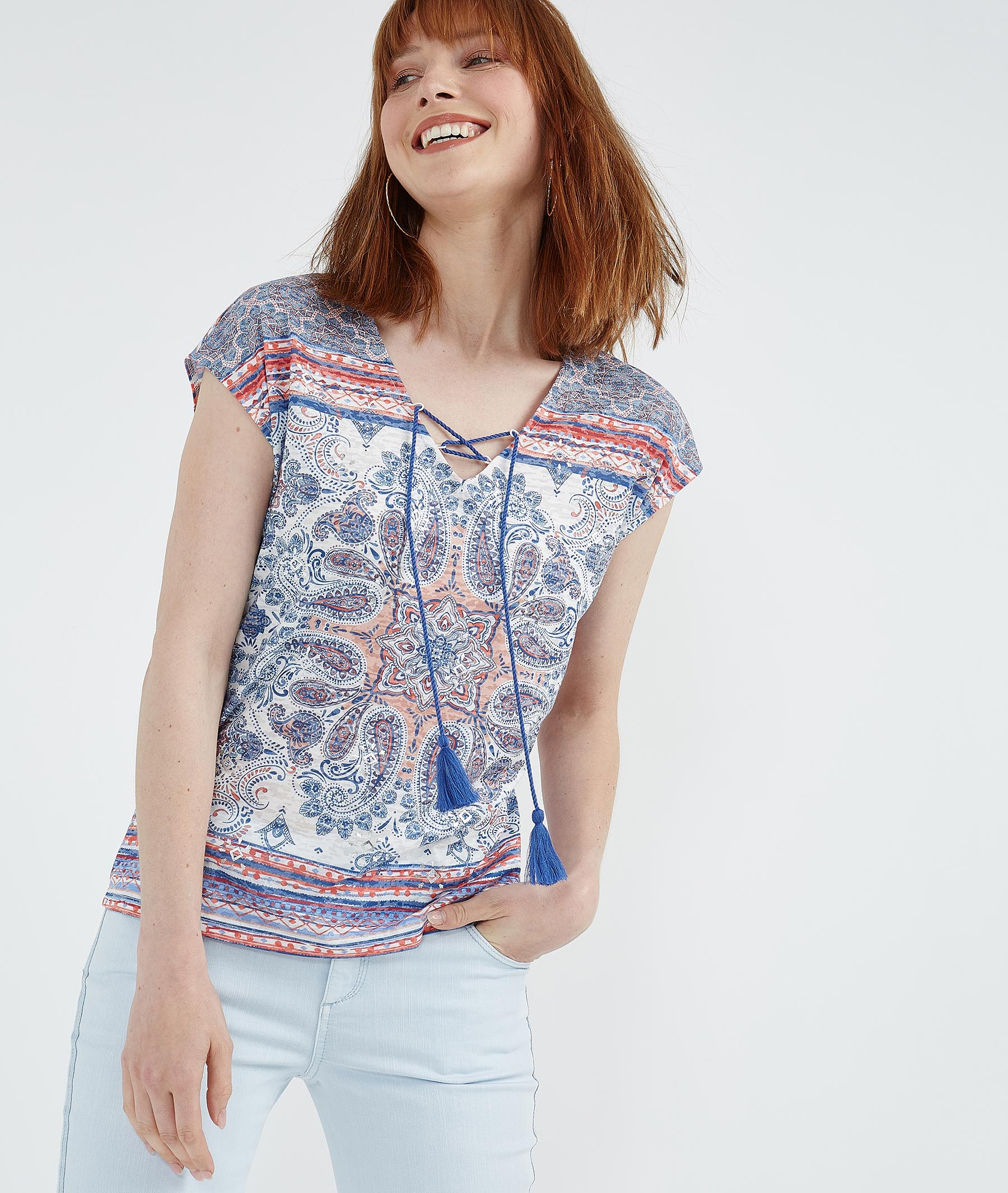 T-shirt avec lacet pompons BLEU