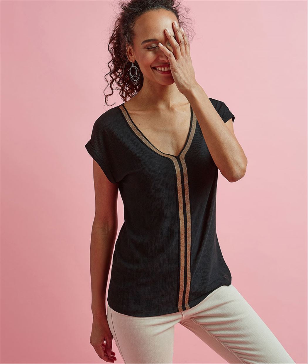 T-shirt femme avec rayure brillante NOIR